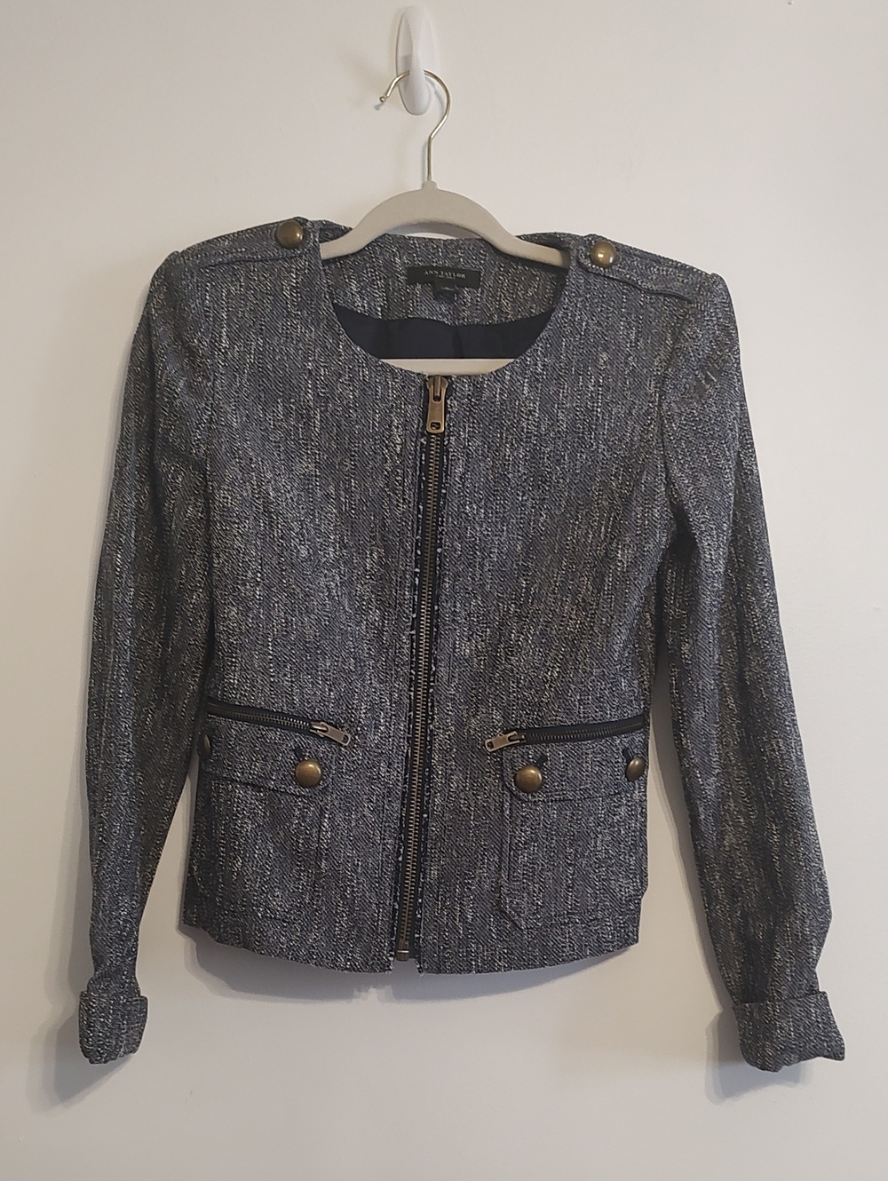 Anne Klein Tweed Zip-Front Jacket in Gray Cotton Blend